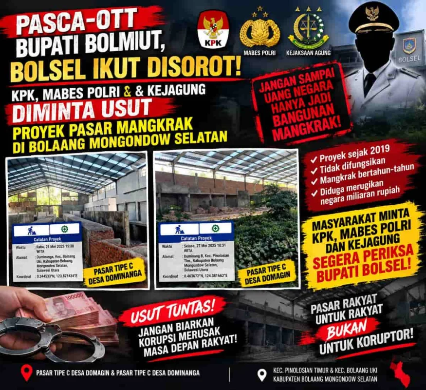 PASCA-OTT BUPATI BOLMUT, BOLSEL IKUT DISOROT! KPK, MABES POLRI & KEJAGUNG DIMINTA USUT PROYEK PASAR MANGKRAK