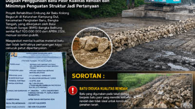 Proyek Rehabilitasi Kolong Beguruh Rp7,92 Miliar Disorot, Dugaan Penggunaan Batu Berkualitas Rendah dan Minimnya Penguatan Struktur Jadi Sorotan