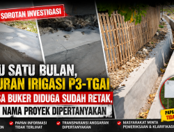 Baru Satu Bulan, Saluran Irigasi P3-TGAI di Desa Buker Diduga Retak, Papan Informasi Proyek Dipertanyakan